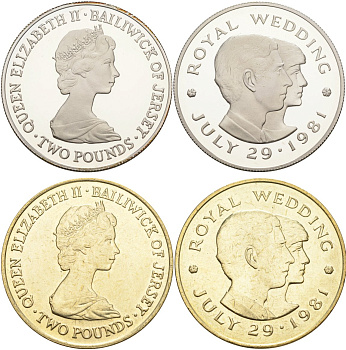 Джерси набор из 2 монет по 2 фунта 1981 королевская свадьба принца Чарльза и леди Дианы Спенсер, 29 июля 1981 года, в буклете KM 52, 52а серебро, медно-никель PROOF, UNC 5-6-4-09
