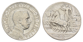 Италия 2 лиры 1908 R, Виктор Эммануил III (1900-1946) KM 46 серебро 413-2324
