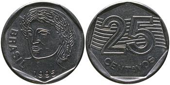 Бразилия 25 сентаво 1995 KM 634, Schon 143 нержавеющая сталь 4519-1141