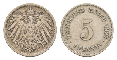 Германия 5 пфеннигов 1897 G, Вильгельм II (1888-1918) KM 11, J. 12 медно-никель 4639-1264
