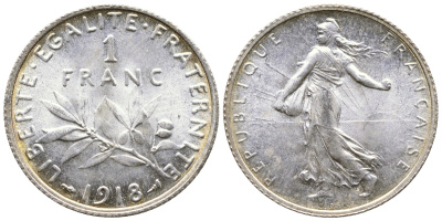 Франция 1 франк 1918 сеятель KM 844.1, Le Franc 217.24 серебро UNC 259-732