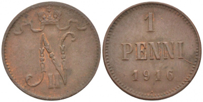 РОССИЯ ДЛЯ ФИНЛЯНДИИ 1 ПЕННИ 1916 НИКОЛАЙ II (1895-1917) KM 13, Биткин 476 медь 211-1043