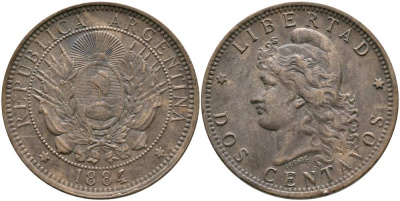 Аргентина 2 сентаво 1884 голова свободы влево KM 8 бронза 4531-521