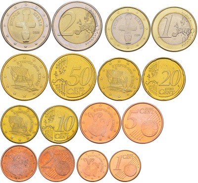 КИПР ЕВРОНАБОР ИЗ 8 МОНЕТ 2008 1, 2, 5, 10, 20, 50 ЕВРОЦЕНТОВ, 1 И 2 ЕВРО UNC 183-651