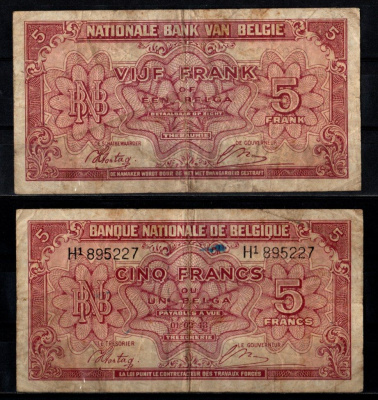 Бельгия 5 франков 1943 Pick 121 бумага 8602-42-2-2