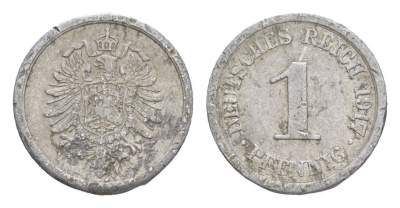 Германия 1 пфенниг 1917 A, Вильгельм II (1888-1918) KM 24, J. 300 алюминий 4647-844
