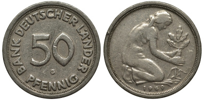 ФРГ 50 пфеннигов 1949 G, монетный двор Карлсруэ KM 104, J. 379 медно-никель 186-831