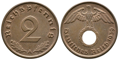 Германия 2 рейхспфеннига 1939 A KM 90, J. 362 бронза 220-568
