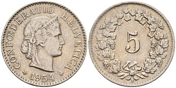 Швейцария 5 раппенов 1954 В KM 26 медно-никель 4594-617