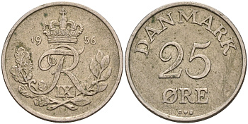 ДАНИЯ 25 ЭРЕ 1956 С; S, ФРЕДЕРИК IX (1947-1972) KM 842.2 медно-никель 4566-526