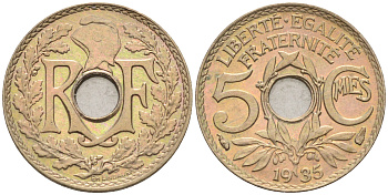Франция 5 сантимов 1935 тип Линдайё KM 875 медно-никель    4594-1148