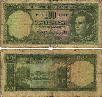 ТУРЦИЯ 100 ЛИР 1964 1 ОКТЯБРЯ 1964, ПРЕЗИДЕНТ КЕМАЛЬ АТАТЮРК Pick 177а бумага VG 6289-28-1-1