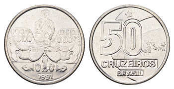 Бразилия 50 крузейро 1991 KM 620 нержавеющая сталь 4663-555