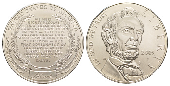 США 1 доллар 2009 P, 200 лет со дня рождения Авраама Линкольна KM 454 серебро  UNC  1079-5-52