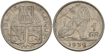 Бельгия 1 франк 1939 Belgie - Belgique KM 120 никель 217-434
