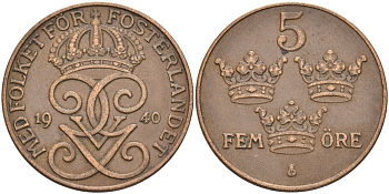 Швеция 5 эре 1940 Густав V (1907-1950), serif 4 KM 779.2 бронза 4557-643