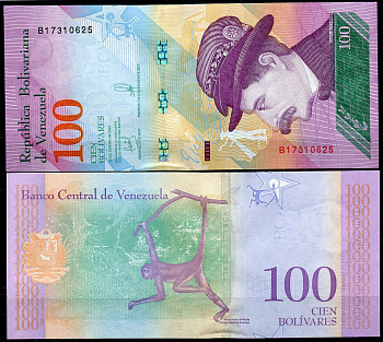 Венесуэла 100 боливаров 2018 15 января 2018, Эсекиель Самора, паукообразная обезьяна Pick 106 a  бумага  UNC (пресс) 449-96-2