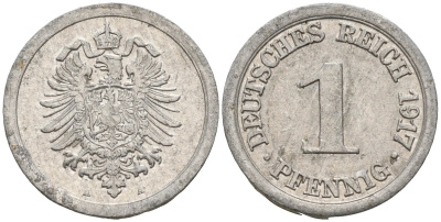 Германия 1 пфенниг 1917 A KM 24, J. 300, Weege 2 алюминий 4151-1228