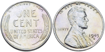 США 1 цент 1943 S (Сан-Франциско), Авраам Линкольн KM 132 a сталь плакированная цинком 39-134