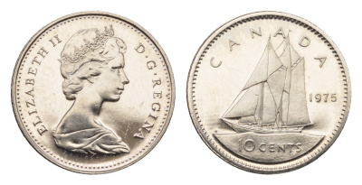 Канада 10 центов 1975 Елизавета II (1952-2022), парусник KM 77 никель PROOF-LIKE (BU) 413-3613