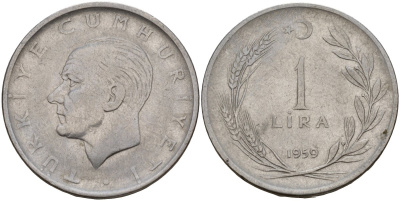 Турция 1 лира 1959 Мустафа Кемаль Ататюрк KM 889a.1 нержавеющая сталь 4149-1235