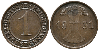 ГЕРМАНИЯ 1 РЕЙХСПФЕННИГ 1931 F KM 37, J. 313 бронза 39-1051