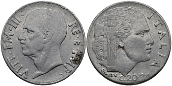 ИТАЛИЯ 20 ЧЕНТЕЗИМО 1941 R, ВИКТОР ИМАНУИЛ, XIX ГОД KM 75b нержавеющая сталь 98-134