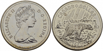 Канада 1 доллар 1980 Арктические территории, полярный медведь KM 128 серебро UNC 1077-9-14