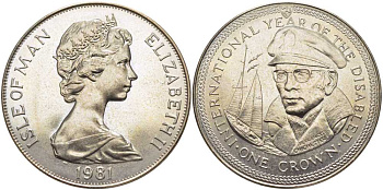 Остров Мэн 1 крона 1981 Международный год инвалидов, Сэр Фрэнсис Чичестер, яхта KM 80 медно-никель UNC 107-535