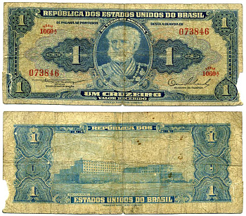 БРАЗИЛИЯ 1 КРУЗЕЙРО 1954-1958 СЕРИЯ 1060А, ПОДПИСЬ 2 Pick 150а бумага F 7220-49-2-1