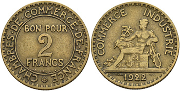 Франция 2 франка 1922 Третья республика (1871-1940) KM 877, Le Franc 267.7 алюминиевая бронза 4144-244