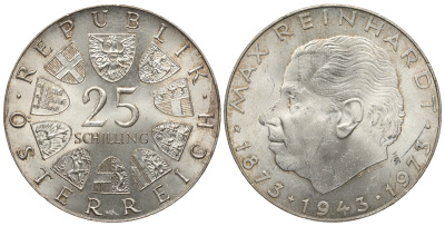 Австрия 25 шиллингов 1973 100 ЛЕТ РЕЙНХАРДУ KM 2915 серебро aUNC 413-6814