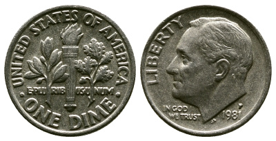 США 10 ЦЕНТОВ = 1 ДАЙМ 1981 P, РУЗВЕЛЬТ KM 195а медь плакированная медно-никелем 57-1215