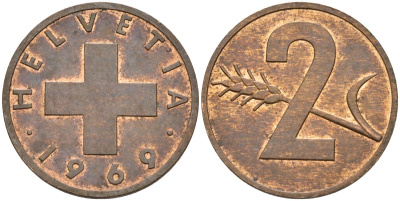 Швейцария 2 раппена 1969 KM 47 бронза 4529-941