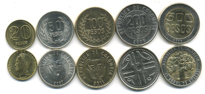 Колумбия лот из 5 монет 2007-2011 20, 50, 100, 200, 500 песо UNC N2-46