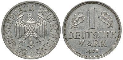 ФРГ 1 МАРКА 1965 J J 385, KM 110 медно-никель 72-741