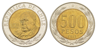 Чили 500 песо 2015 кардинал Рауль Сильва Энрикес (1907-1999) KM 235 биметалл UNC 4641-543