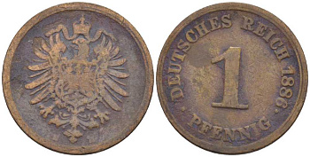 ГЕРМАНИЯ 1 ПФЕННИГ 1886 D, СТАРОГЕРБОВКА KM 1, J. 1, Weege 1 медь 206-1247