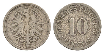 Германия 10 пфеннигов 1876 J, Вильгельм I (1871-1888) KM 4, J. 4 медно-никель 4640-221