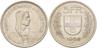 Швейцария 5 франков 1968 В, первый год KM 40а.1 медно-никель 4542-616