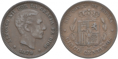 ИСПАНИЯ 5 СЕНТИМО 1879 ОМ, АЛЬФОНСО XII KM 674 бронза 186-122