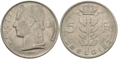 Бельгия 5 франков 1967 Belgie KM 135 медно-никель 4150-815