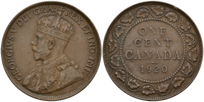 Канада 1 цент 1920 Георг V (1910-1936), большой формат KM 21 бронза 4595-241
