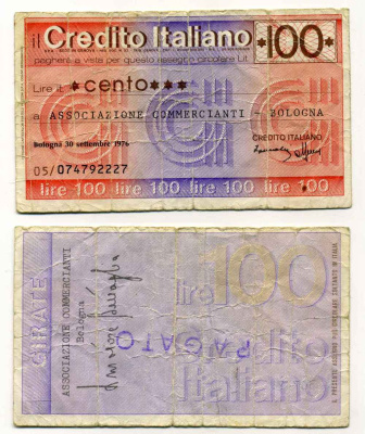 Италия чек на 100 лир 1976 credito Italiano, ассоциация торговцев bologna, 30 сентября 1976 бумага 8588-14-2-2