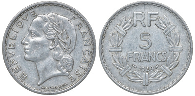 Франция 5 франков 1949 KM 888b.1, Le Franc 339.17 алюминий 4162-233