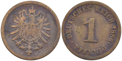 ГЕРМАНИЯ 1 ПФЕННИГ 1886 D, СТАРОГЕРБОВКА KM 1, J. 1, Weege 1 медь 206-1247
