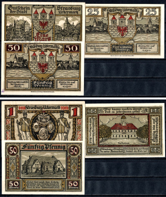 Страсбург-ин-дер-Уккермарк (Пруссия, Бранденбург) полный набор из 3 нотгельдов (25 и 50 пфеннигов; 1 марка) 1921 Mehl Grabowski 1280 бумага UNC (пресс) 7556-53-1-1