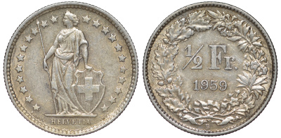 Швейцария 1/2 франка 1959 KM 23 серебро 4178-311
