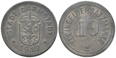 Дармштадт 10 пфеннигов 1917 Funck 88.1A, Men05 4934.1, Men18 6167.1 цинк 176-862