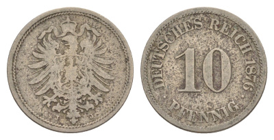 Германия 10 пфеннигов 1876 J, Вильгельм I (1871-1888) KM 4, J. 4 медно-никель 4640-221